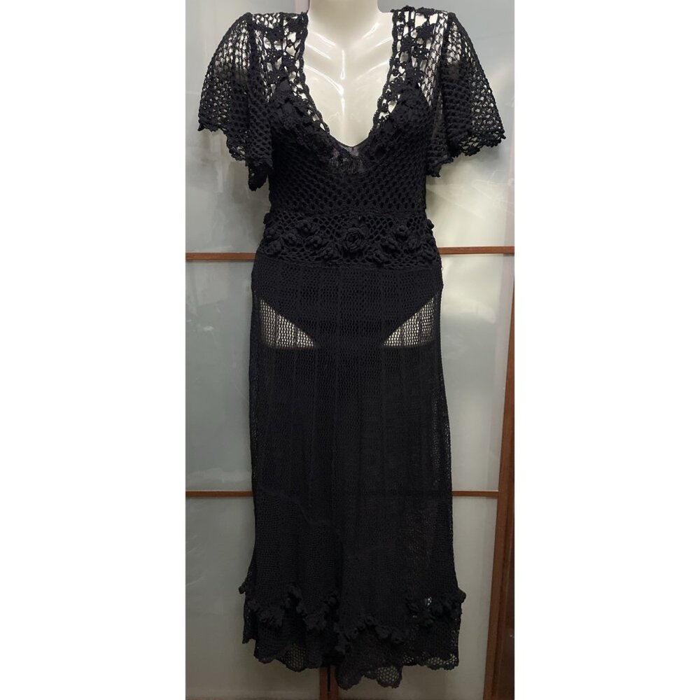 Zara x Kate Moss Black Crocheted Sheer Boho Cottage Peasant Dress Size S NWT